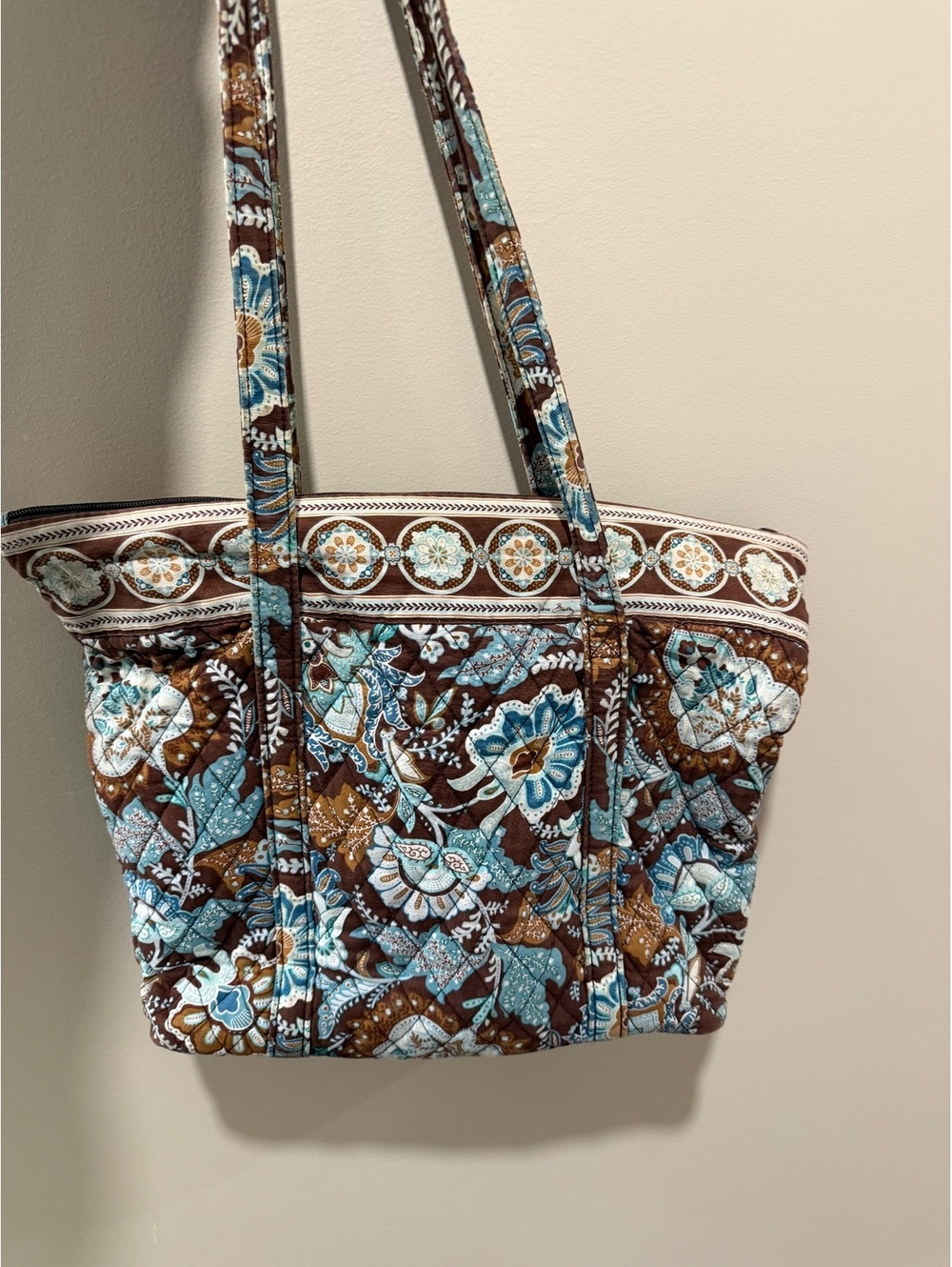 Vera Bradley Java Blue Quilted Tote Shoulder Bag Retired Brown Aqua Floral